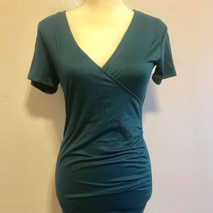 Dark Green Ruched Surplice Mini Dress Medium Short